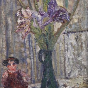 Still life with irises and a doll by Mikhail Larionov