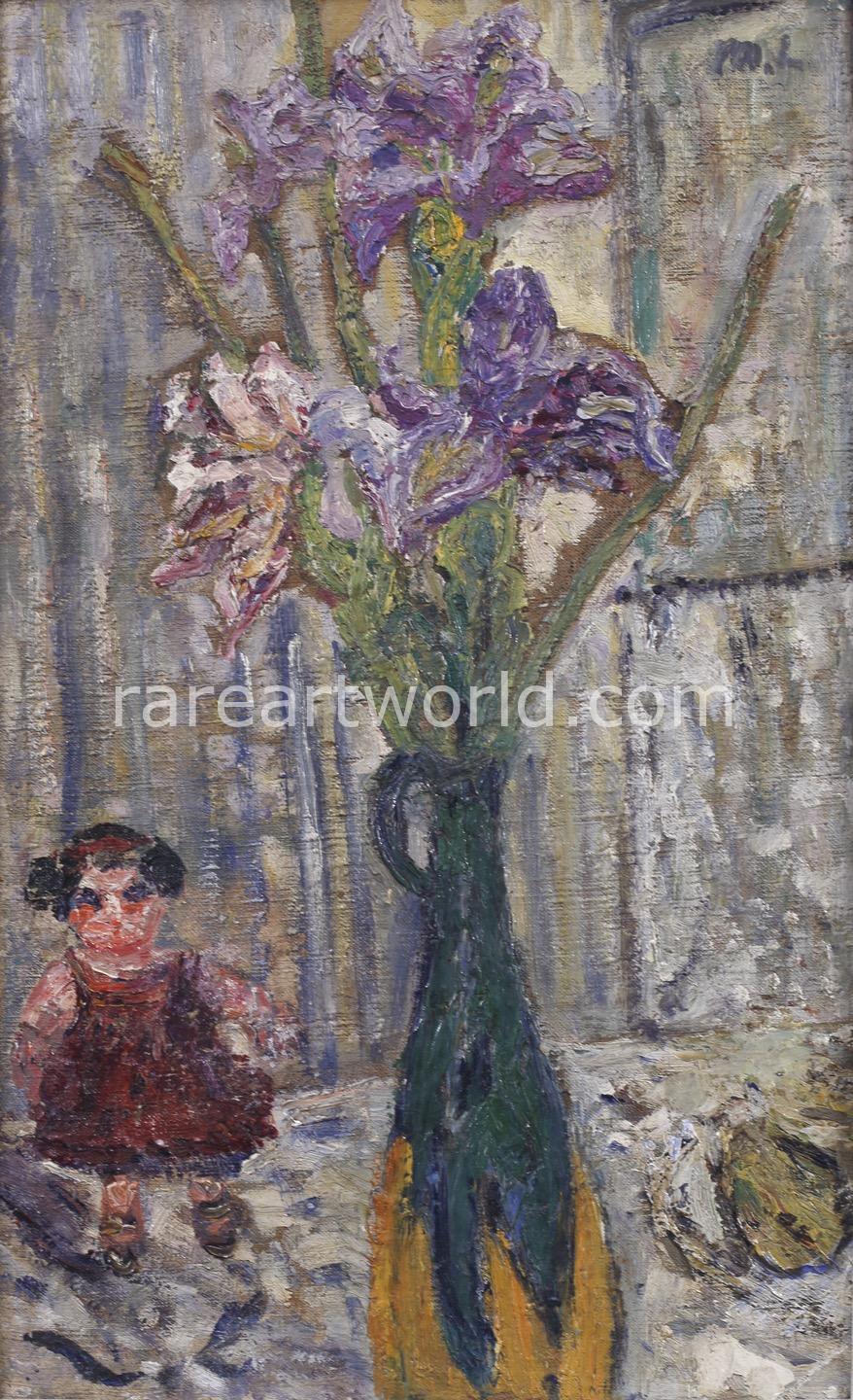 Still life with irises and a doll by Mikhail Larionov Still life with irises and a doll by Mikhail Larionov